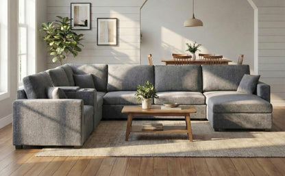 Grey 5 Seat Chenille Sectional Sofa - Primary Living Space