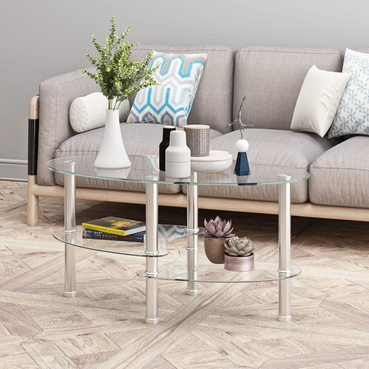 Transparent Oval Glass Coffee Table - Modern Design for Living Room