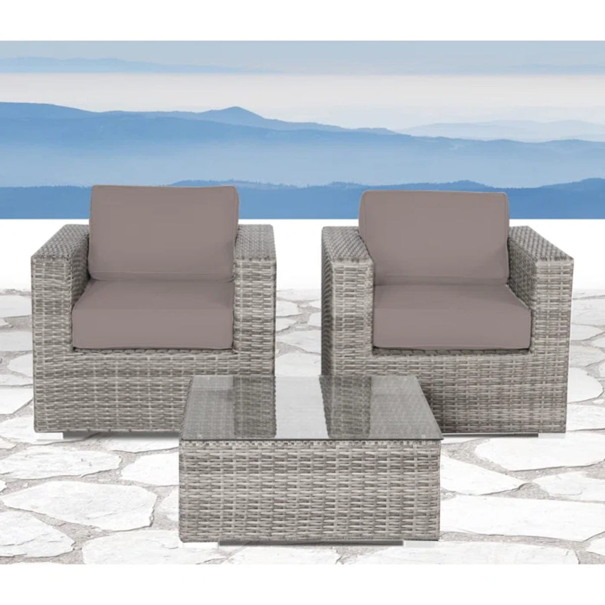 Gray Wicker Patio Furniture Set 2 Person with Cushions