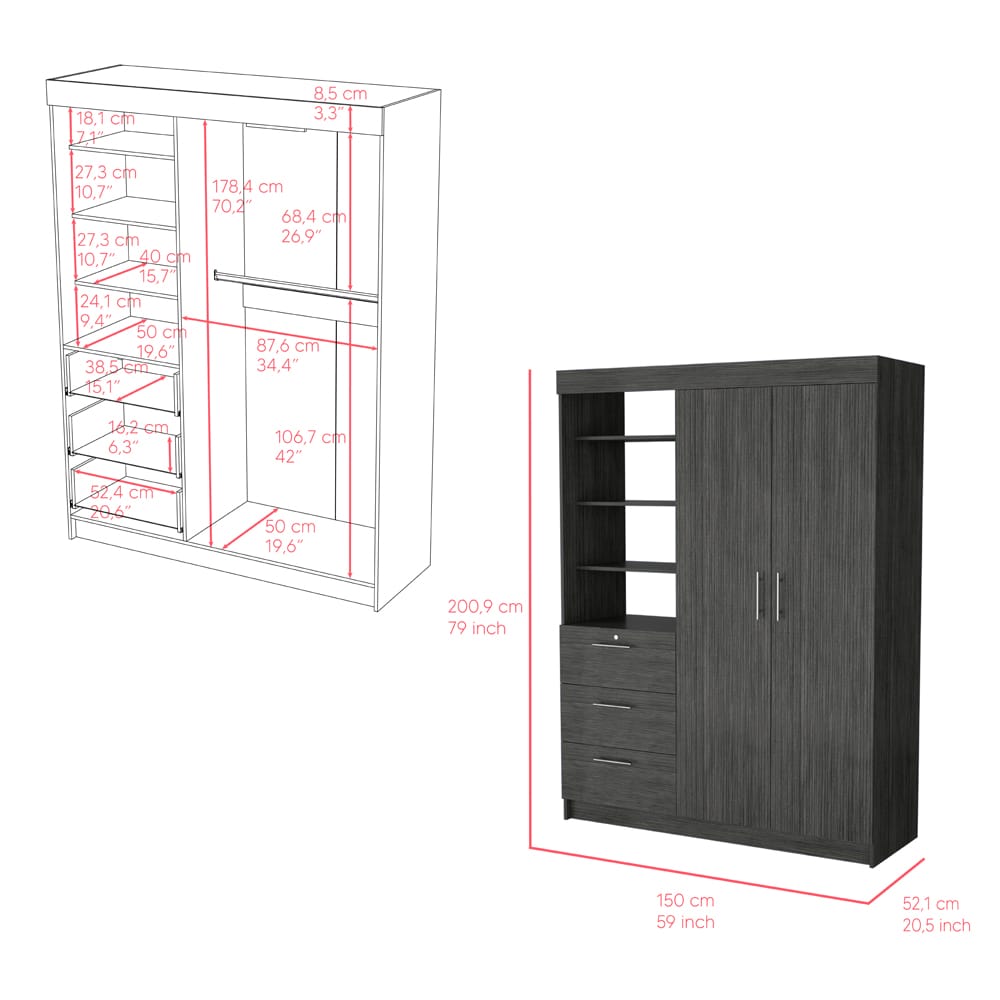 Gray Armoire Rumanu - 2-Door Storage Wardrobe