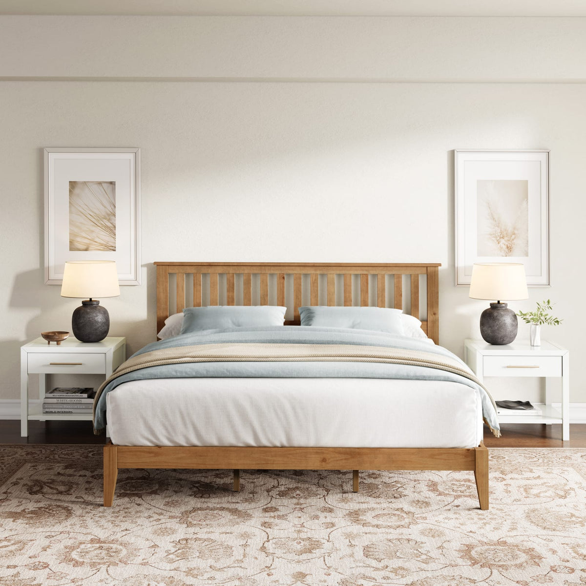 Mission Style King Bed Frame with Integrated Slat System for Bedroom