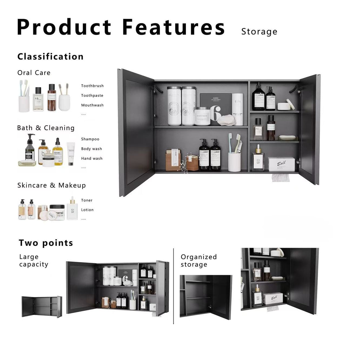 Black Aluminium Wall Mounted Bathroom Mirror Cabinet for Renovation