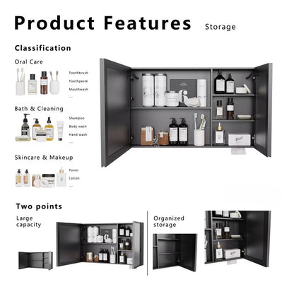 Black Aluminium Wall Mounted Bathroom Mirror Cabinet for Renovation
