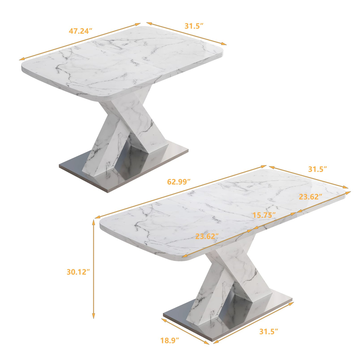 Modern White Dining Table - Stretchable Rectangle, MDF Steel