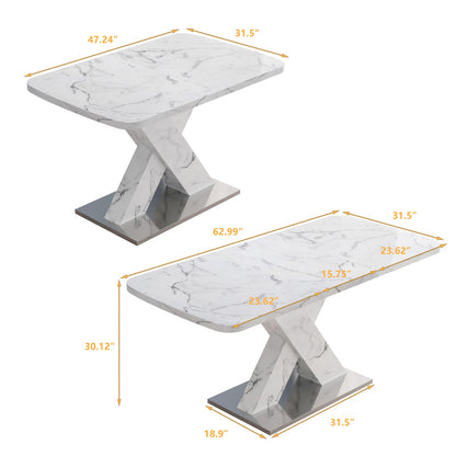 Modern White Dining Table - Stretchable Rectangle, MDF Steel