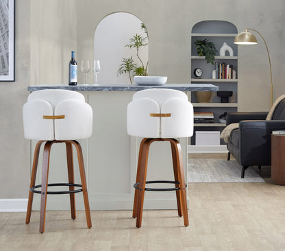Fixed-Height Barstool Set - Cream Velvet, Walnut Wood