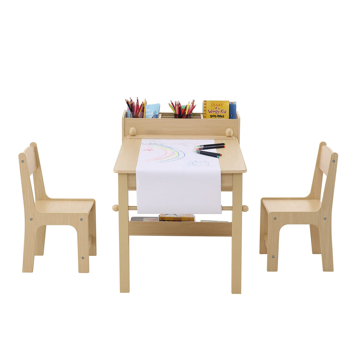 Light Natural Kids Art Table Set - 2 Chairs & Cabinet