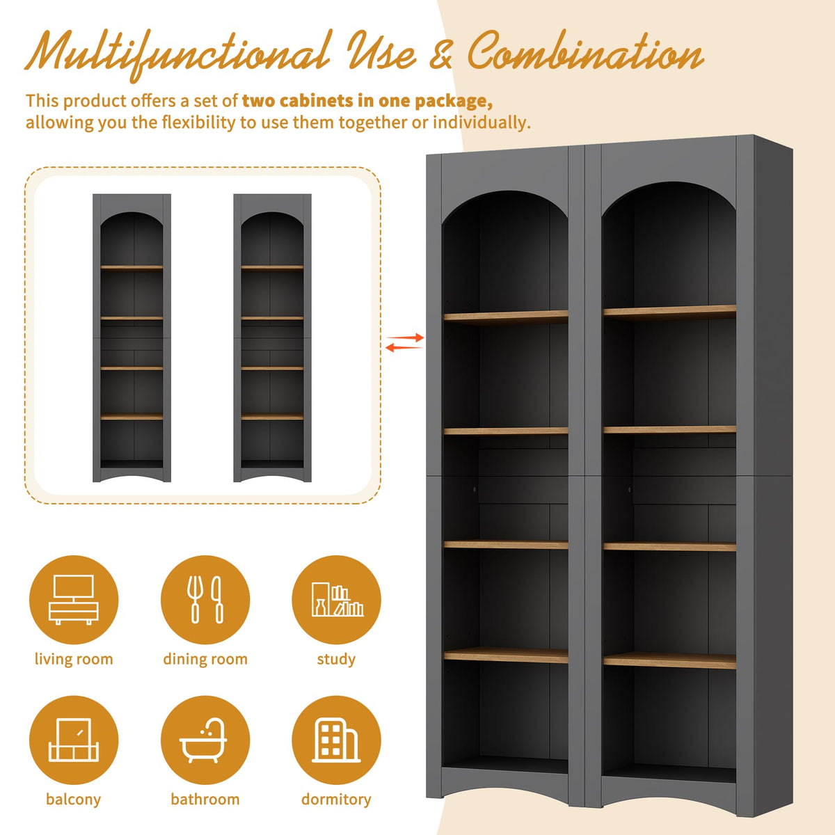 Grey Farmhouse Bookshelf Set of 2 with Adjustable Shelves for Living Room