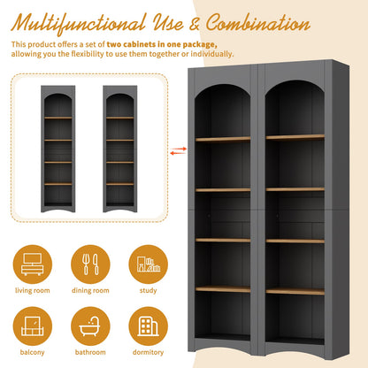 Grey Farmhouse Bookshelf Set of 2 with Adjustable Shelves for Living Room