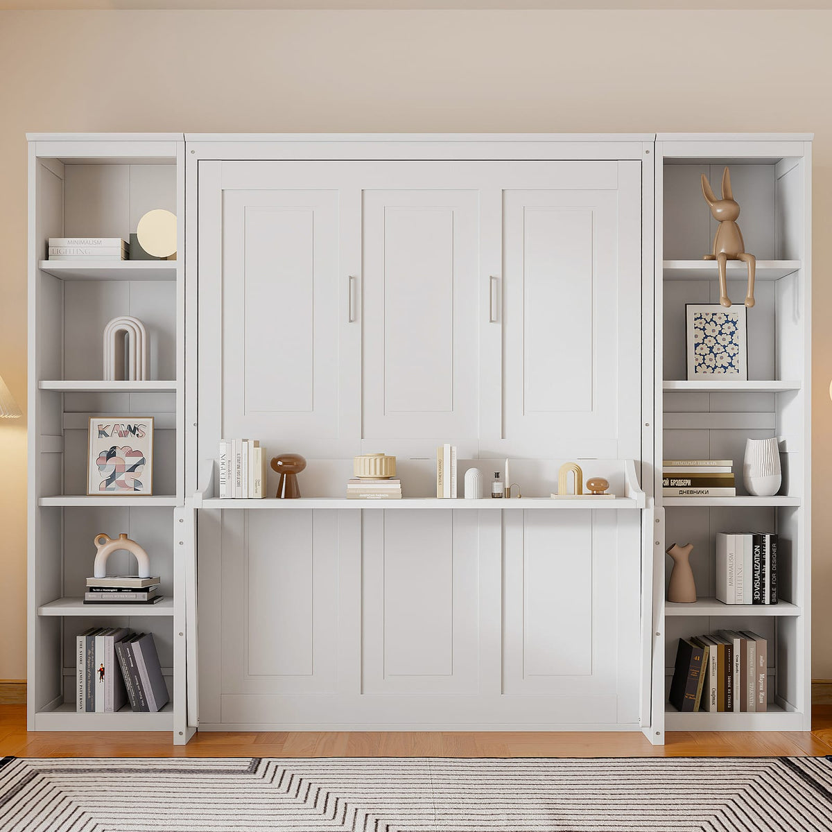 Queen Size Murphy Bed with Desk & Bookshelf - White for Bedroom