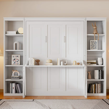 Queen Size Murphy Bed with Desk & Bookshelf - White for Bedroom