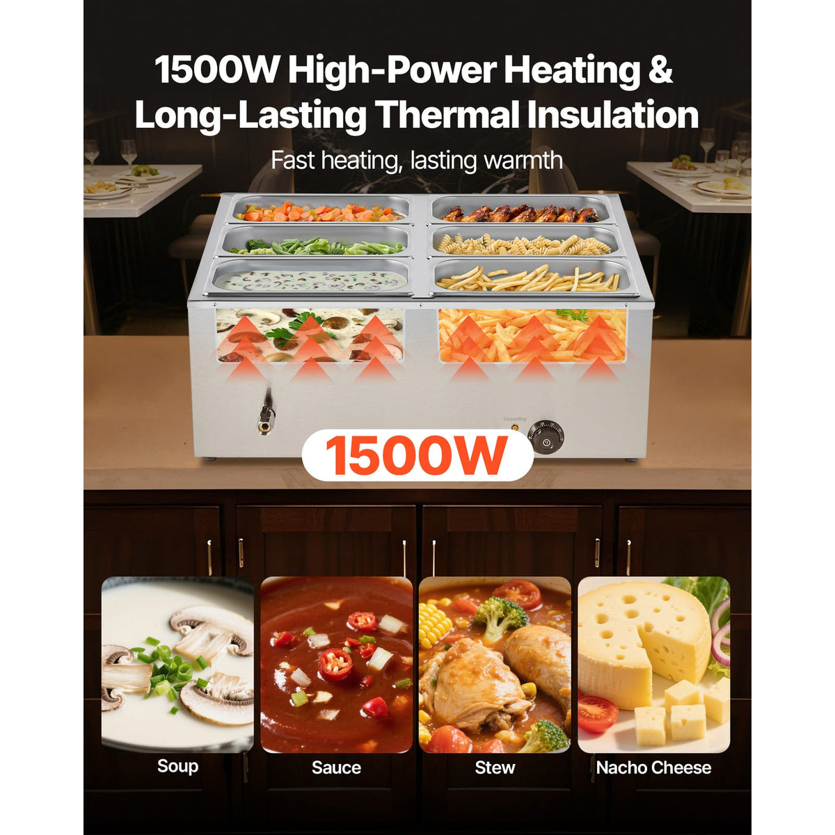 Commercial Food Warmer - 6 Pan Stainless Steel Buffet Bain Marie