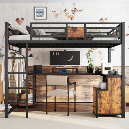 Black Full Loft Bed with Storage and Desk, Metal Frame for Bedroom