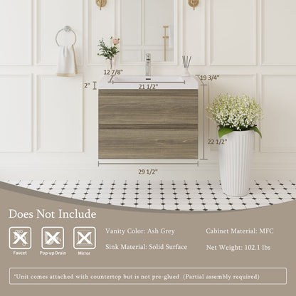 29.5 Inch Grey Floating Bathroom Vanity with Resin Countertop