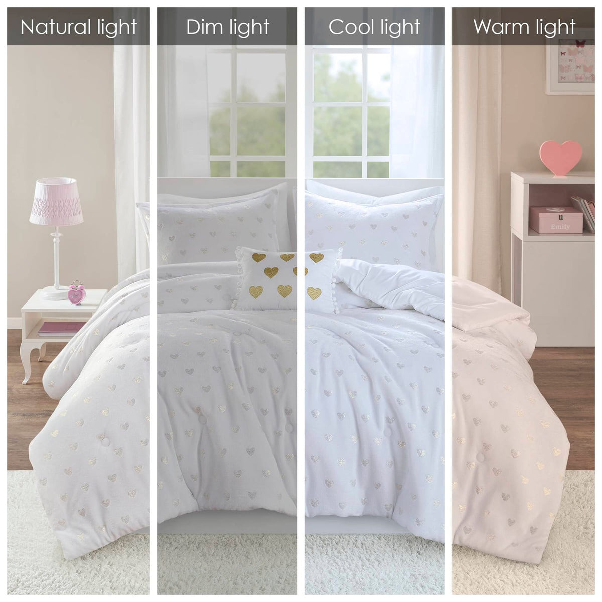 Full/Queen Plush White Comforter Set with Heart Motif