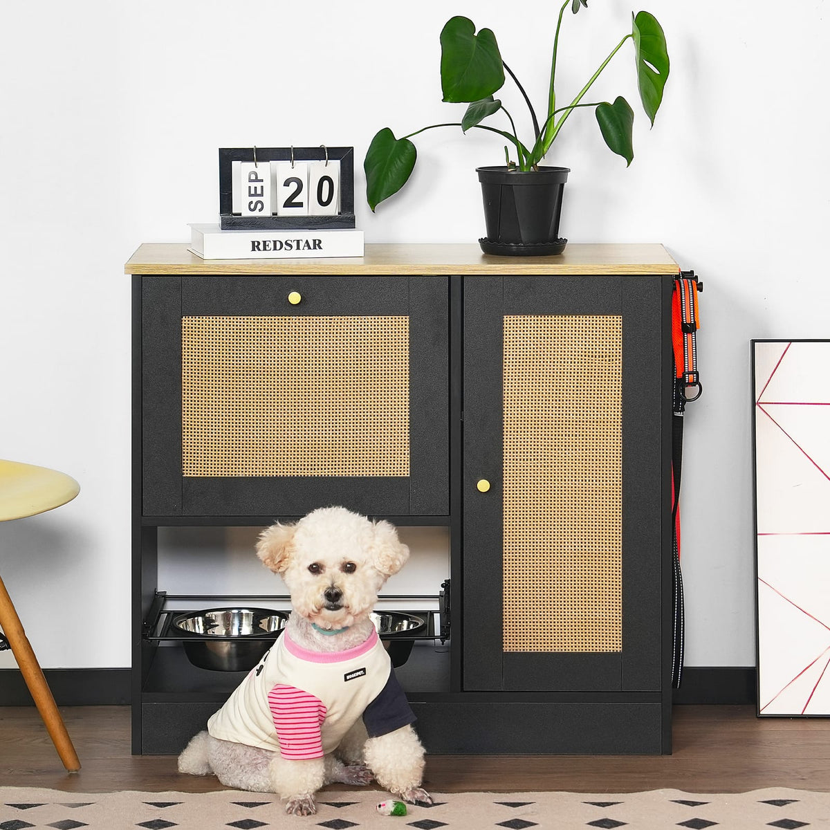 Black Vintage Dog Bed Station with 2 Bowls - 33" Storage
