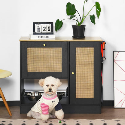 Black Vintage Dog Bed Station with 2 Bowls - 33" Storage