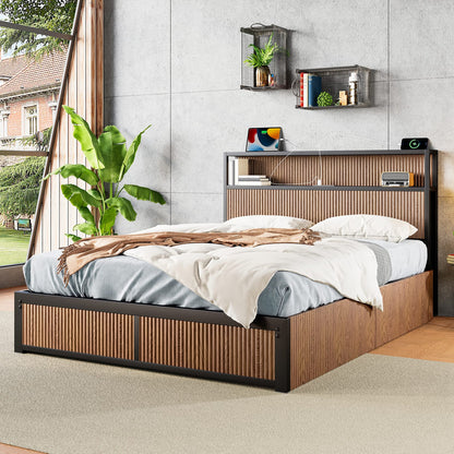 Queen Iron Bed Frame with Natural Wood Headboard & Storage for Bedroom