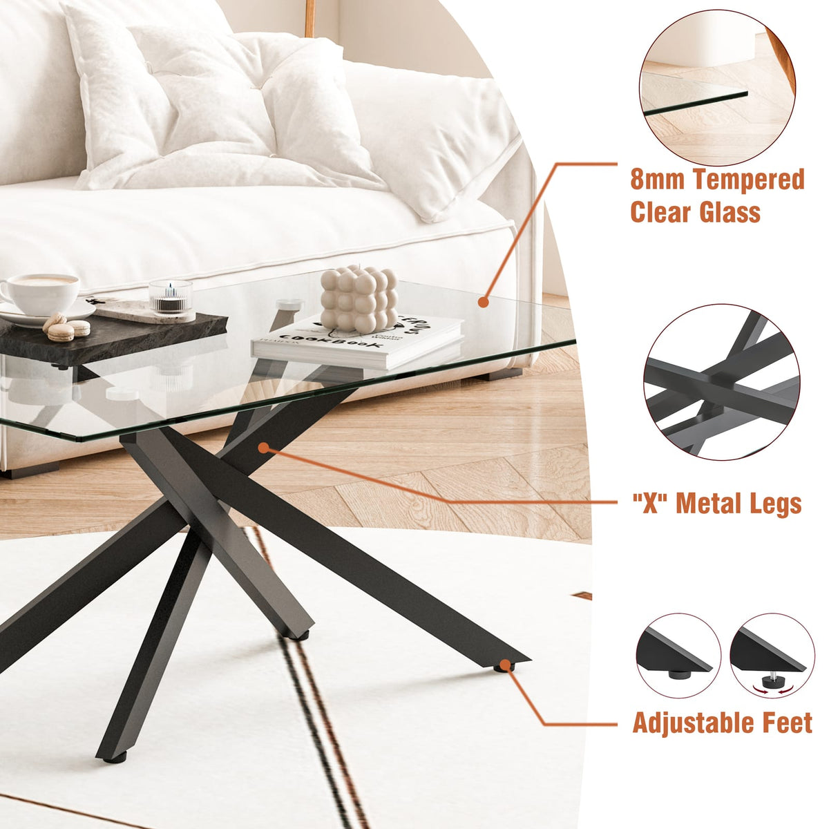 Black Tempered Glass Coffee Table - 39.37" Rectangular for Living Room