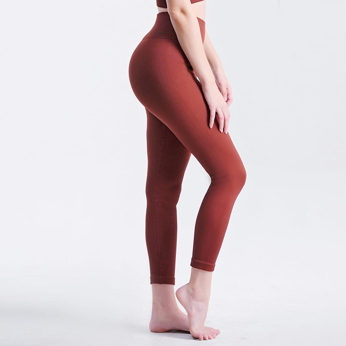 Coffee Ribbed High-Waisted Yoga Leggings - Tummy Control Seamless