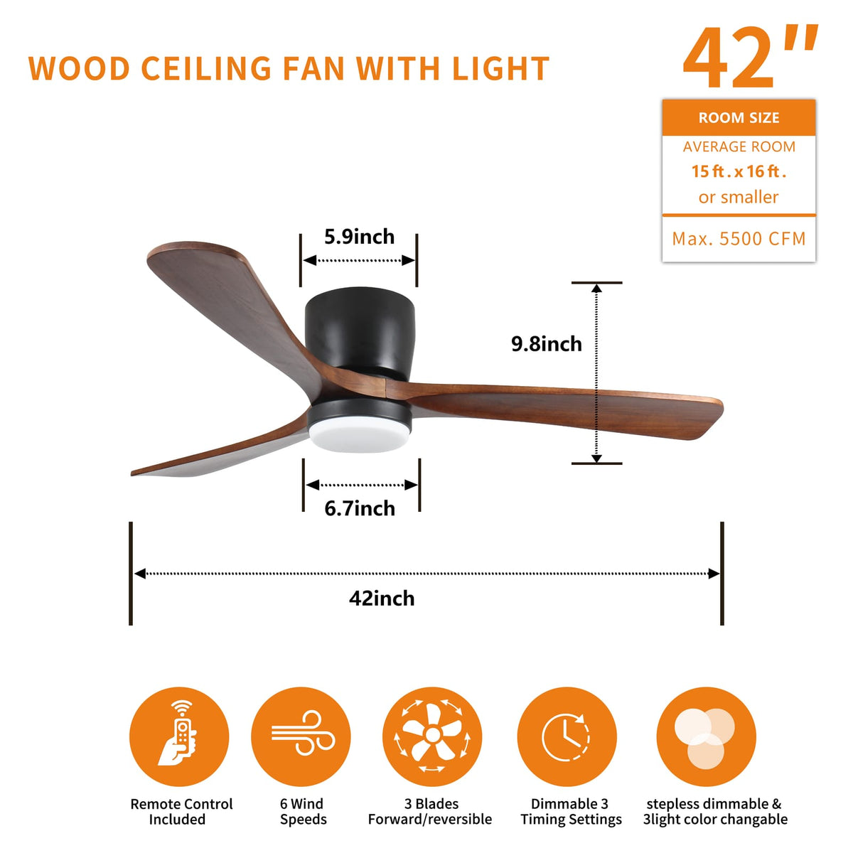 42 Inch Black Wood Ceiling Fan with Light Remote