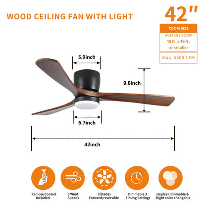 42 Inch Black Wood Ceiling Fan with Light Remote