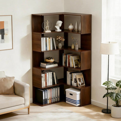 6 Tier Corner Bookshelf - Walnut MDF Display Shelf 66" for Living Room