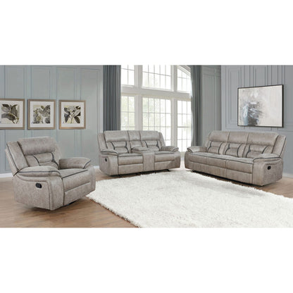 Taupe Leatherette Recliner Sofa with Wall Hugger and Drop-Down Table for Living Room