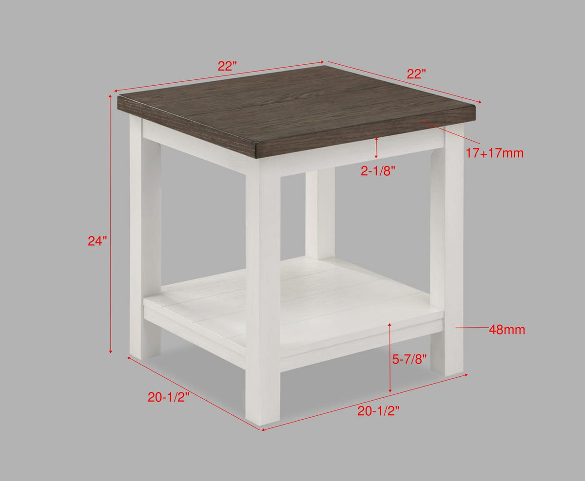 Farmhouse Style Square Wood End Table with Brown White Finish for Living Room