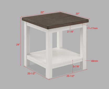 Farmhouse Style Square Wood End Table with Brown White Finish for Living Room