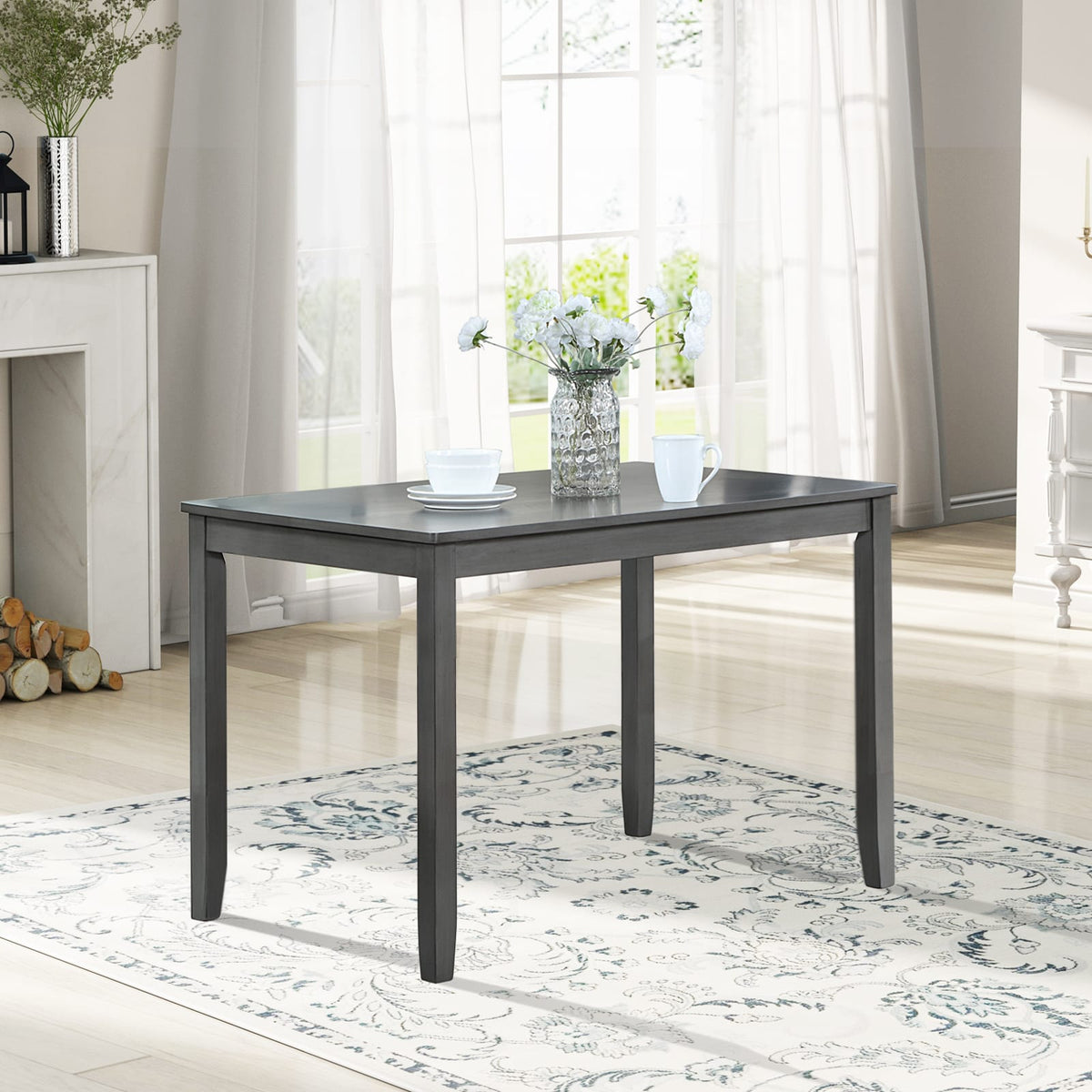 Gray Acacia Wood Dining Table - 4 Person Rectangular Table for Dining Room
