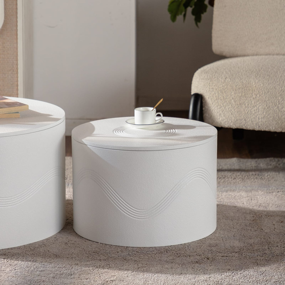 Large White Round Coffee Table Set - 2 Piece MDF Table with Storage