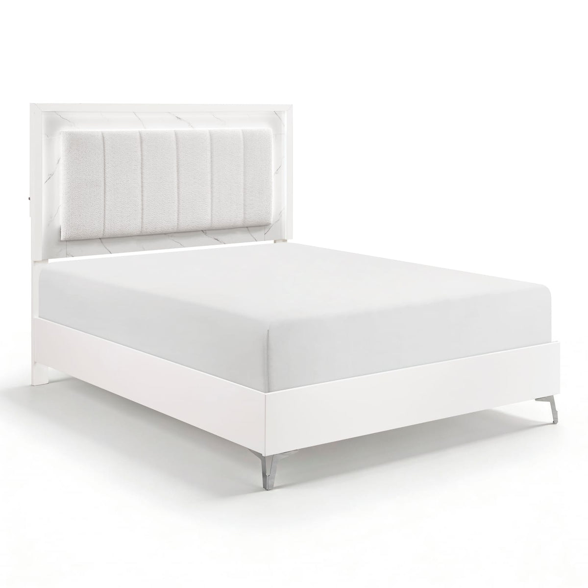 Queen White Wood Bed Frame with Chenille Headboard