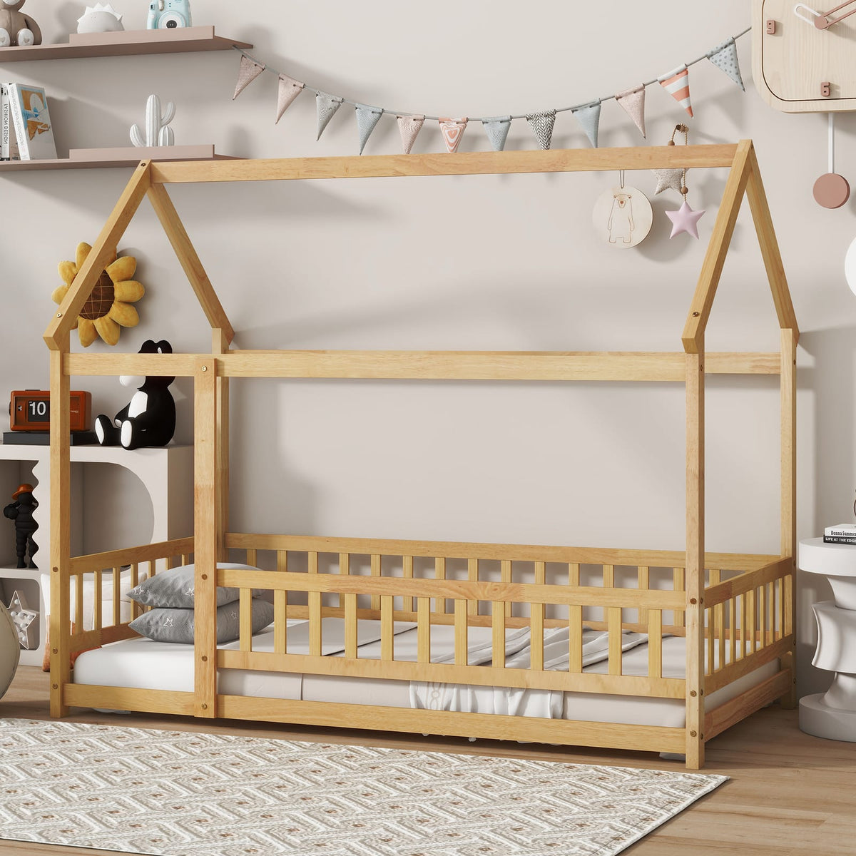 Twin Size Rubber Wood House Bed with Roof Frame