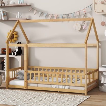 Twin Size Rubber Wood House Bed with Roof Frame