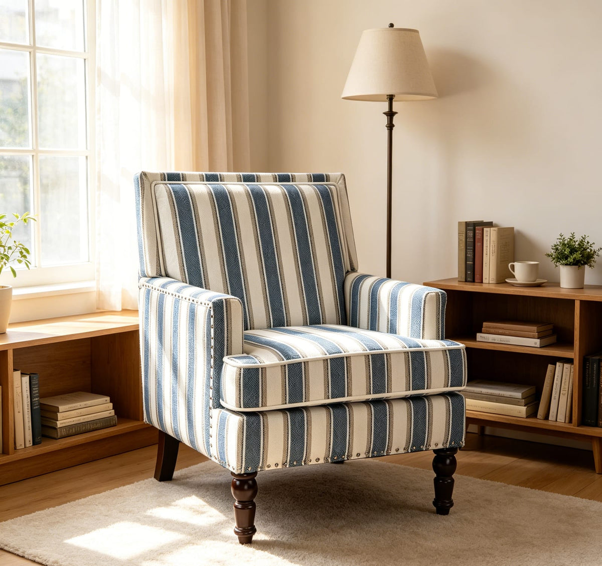 Upholstered Accent Chair Blue & White Striped - Vintage Style
