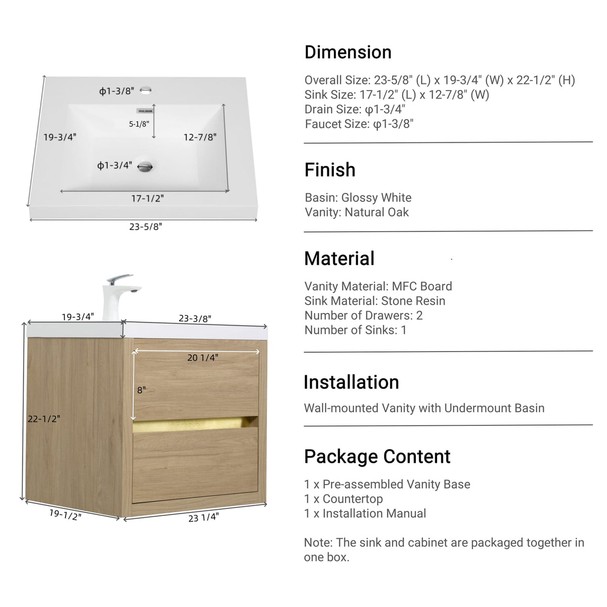 Oak & White Bathroom Vanity - Pre-Assembled Storage Cabinet