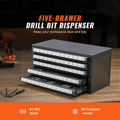 Drill Bit Dispenser Cabinet - 5 Drawers, Steel Organizer for Drill Bits #1-#60