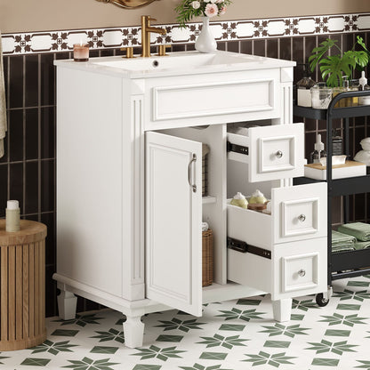 24 Inch White Bathroom Vanity with Ceramic Sink and Two Drawers