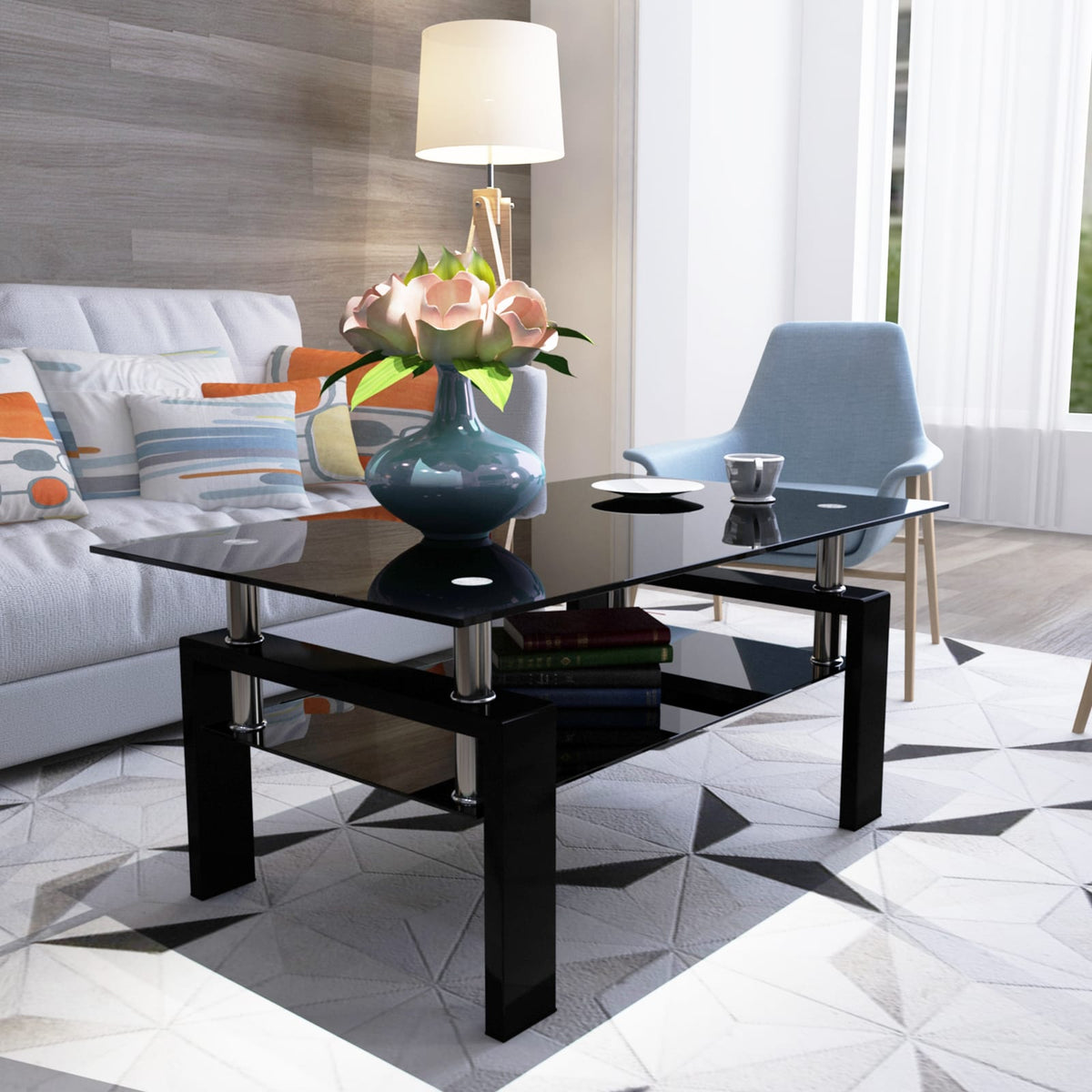 Black Glass Coffee Table - Storage Side Table