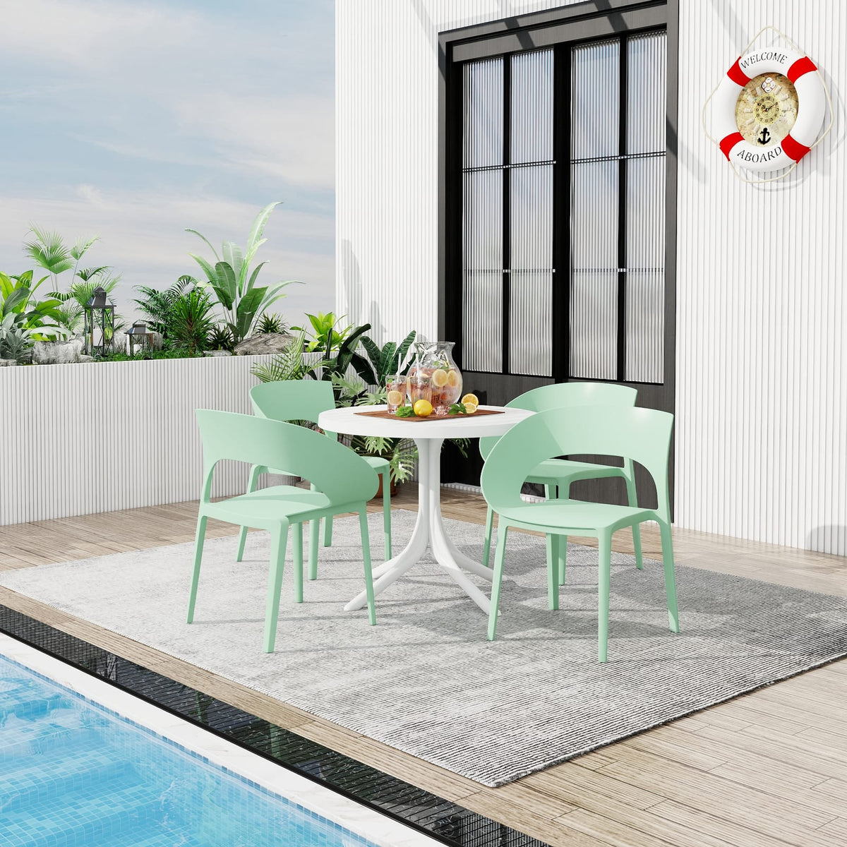 Haze Green Polypropylene Patio Chairs & Round Table Set - 4 Chairs, Weatherproof