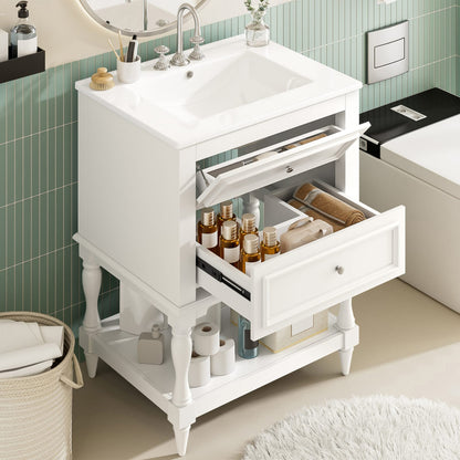 24'' White Ceramic Sink Bathroom Vanity - Retro Storage Cabinet