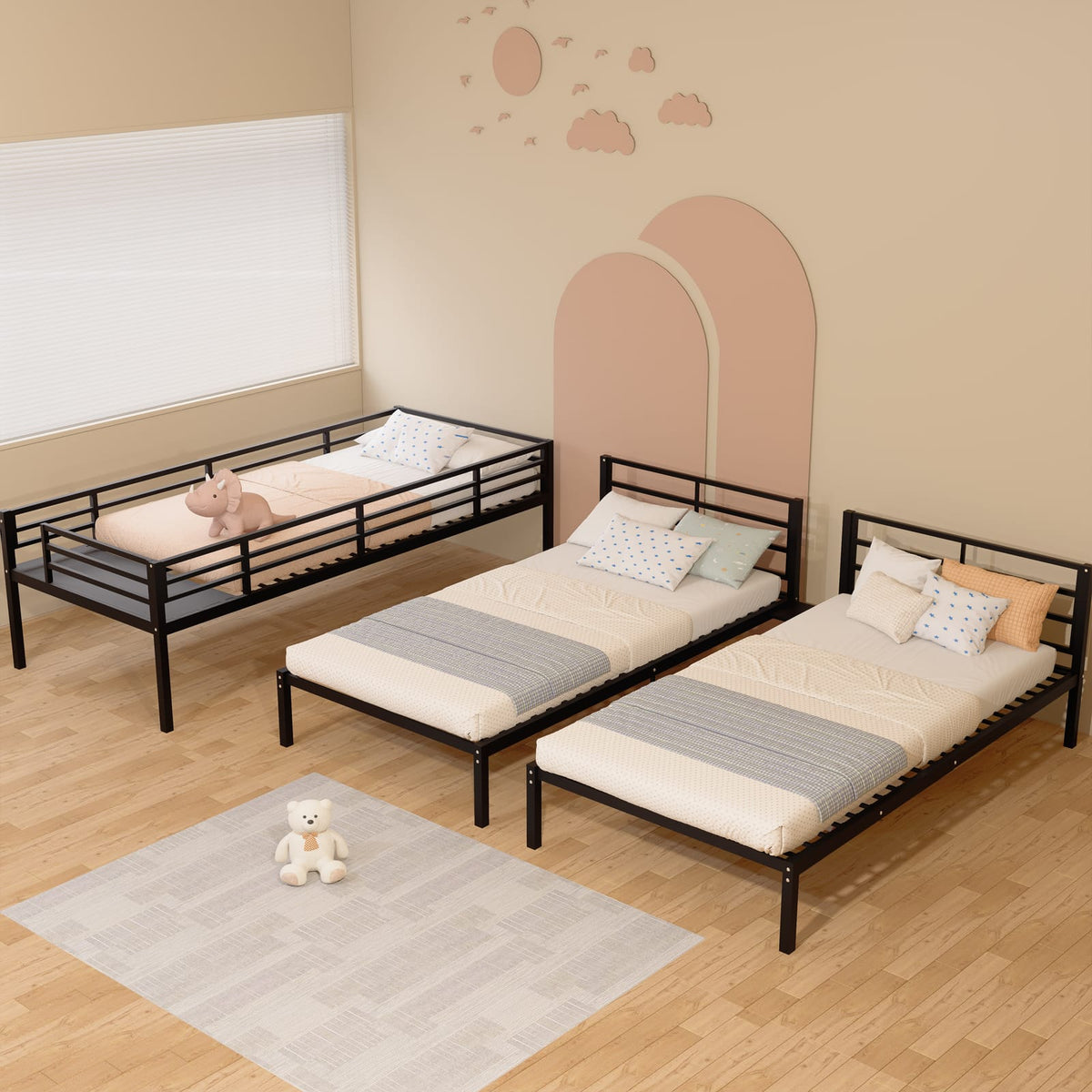 Twin Over Twin Over Twin Bunk Bed - Black Metal Frame for Bedroom