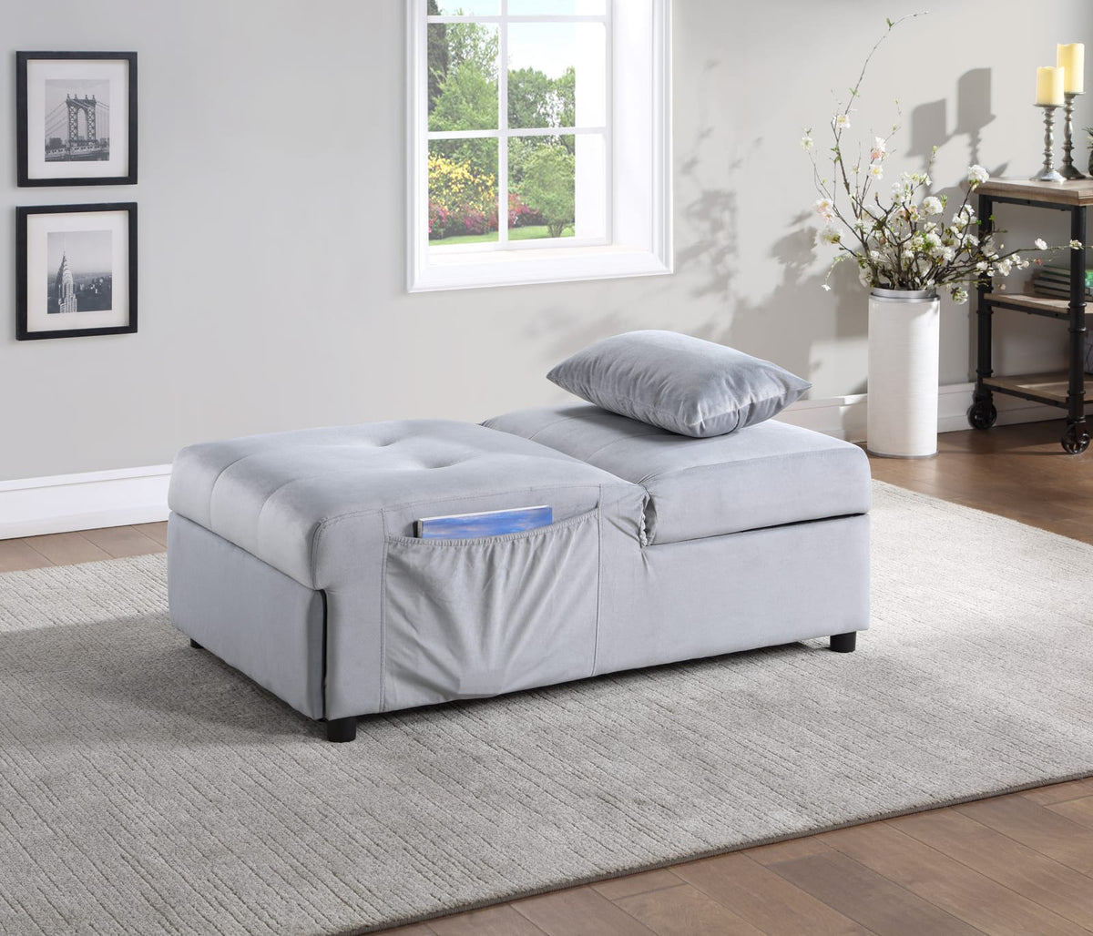 Gray Velvet Storage Bench - Lift Top Convertible for Living Room
