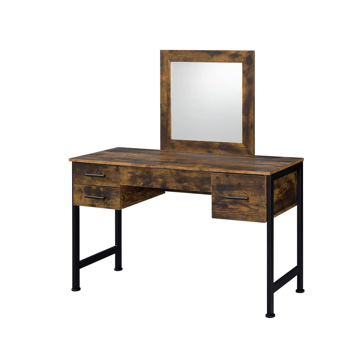 Rustic Oak Vanity Desk & Mirror Set - 4 Drawers