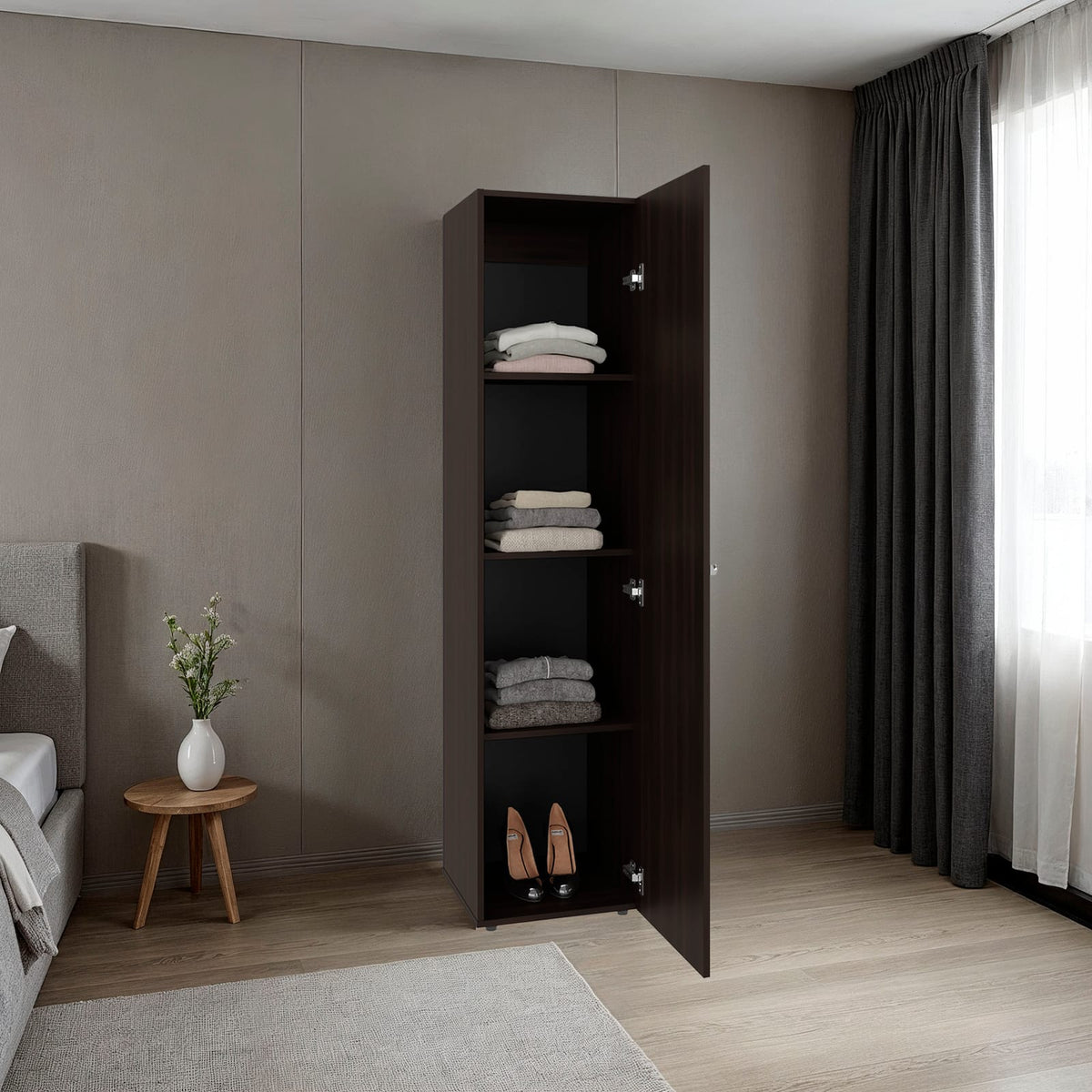 Brown Oak Bedroom Cabinet with Mirror & Shelves for Living Room