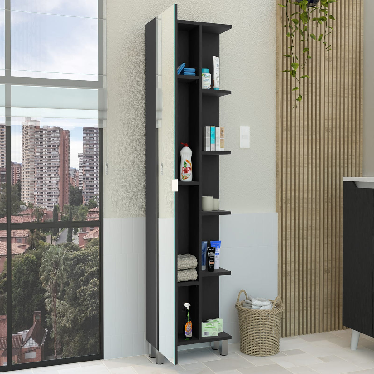 62" Black Bathroom Cabinet with Mirrored Door