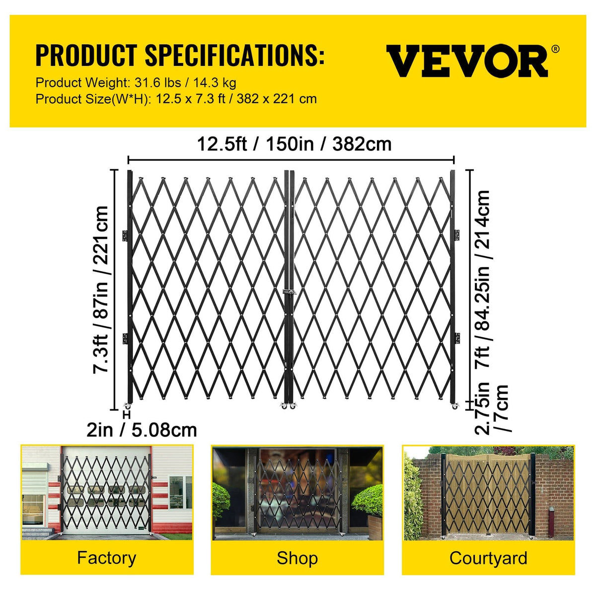 Double Folding Security Gate - 7.1' H x 12.5' W Steel Accordion Gate