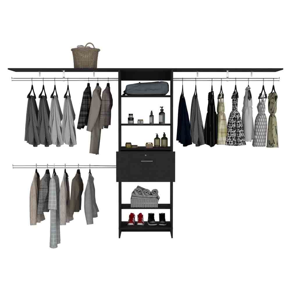 118" Black Bedroom Dresser with Three Shelves & Drawer