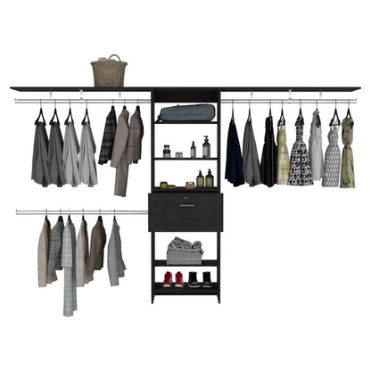 118" Black Bedroom Dresser with Three Shelves & Drawer